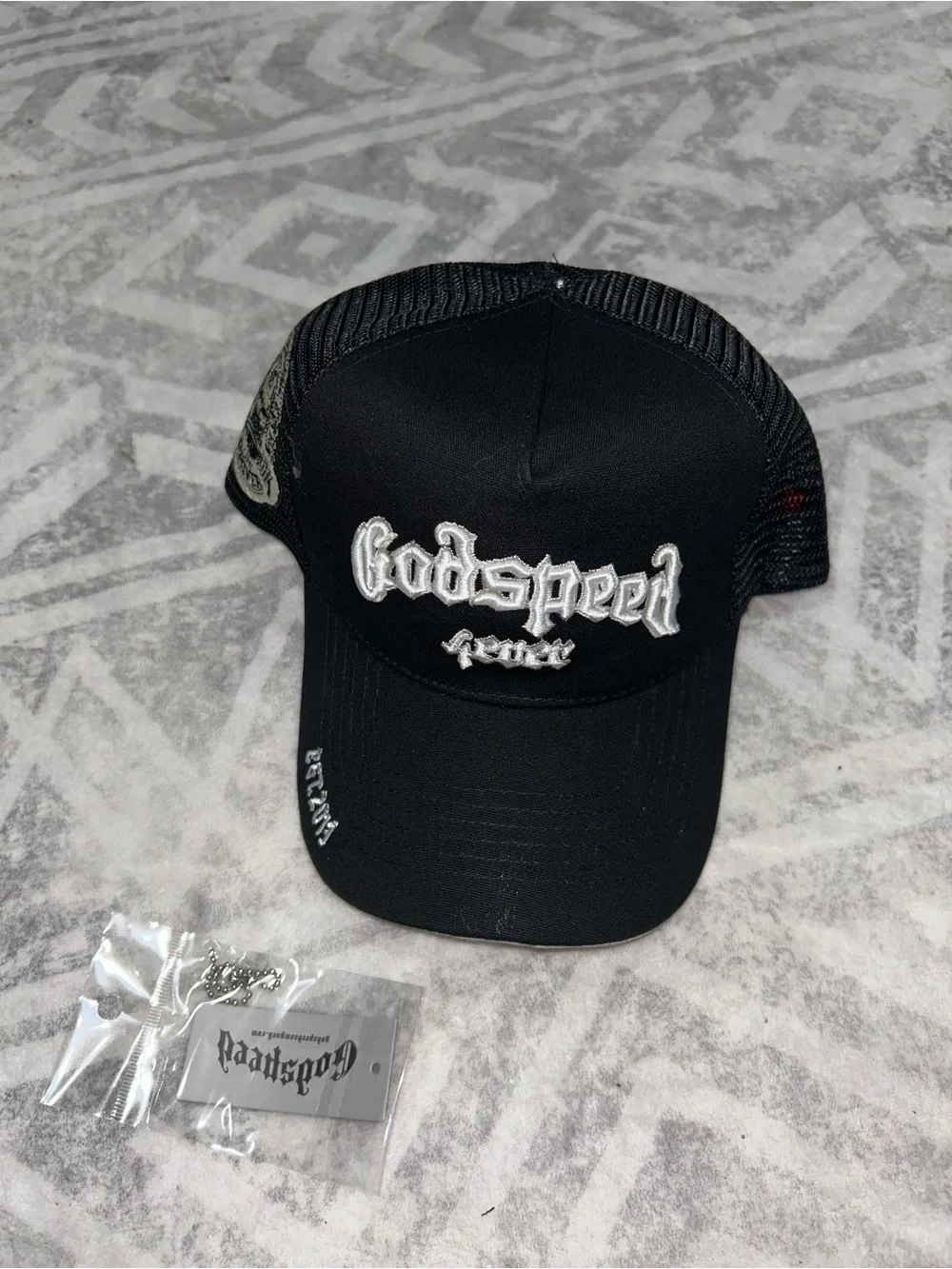 Black 'Godspeed' Trucker Hat with White Embroidery